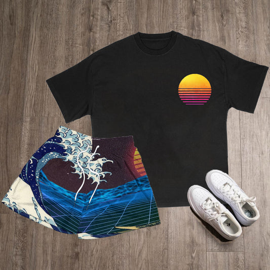 Casual Sunset Print T-Shirt Shorts Two-Piece Set