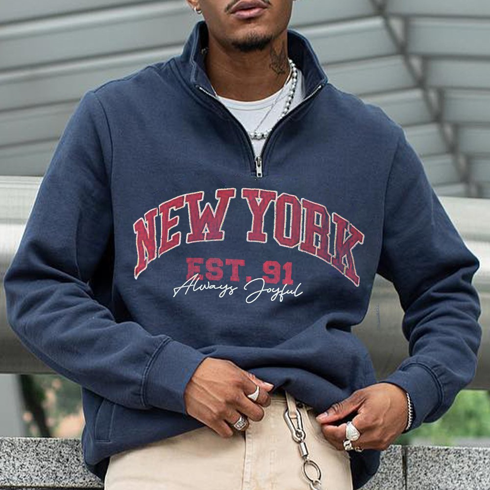 Trendy New York Print Long Sleeve Zip Sweatshirt