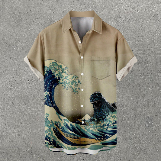 Wave & Shark Print Short Sleeve Pocket Shirt