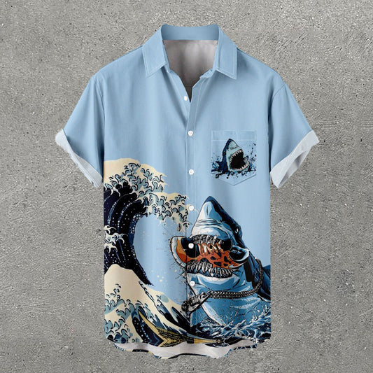 Wave & Shark Print Short Sleeve Shirt