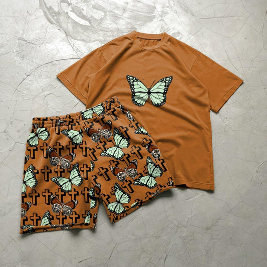 Fashion retro butterfly casual shorts short sleeve suit