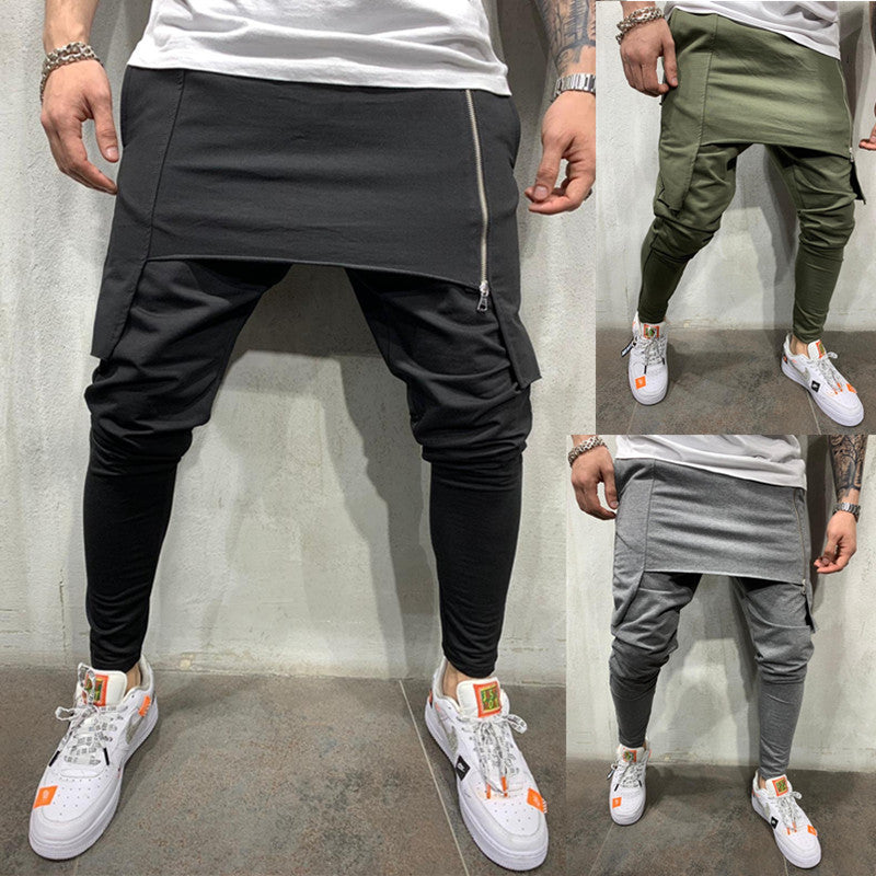 Zipper slim personality casual two-layer sports trousers