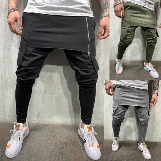 Zipper slim personality casual two-layer sports trousers