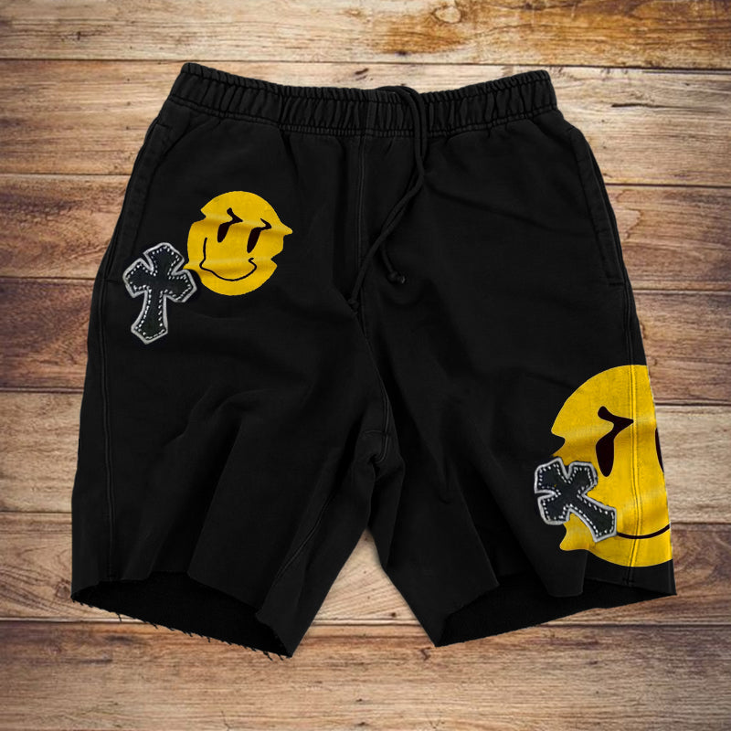Funny smiley cross print casual shorts