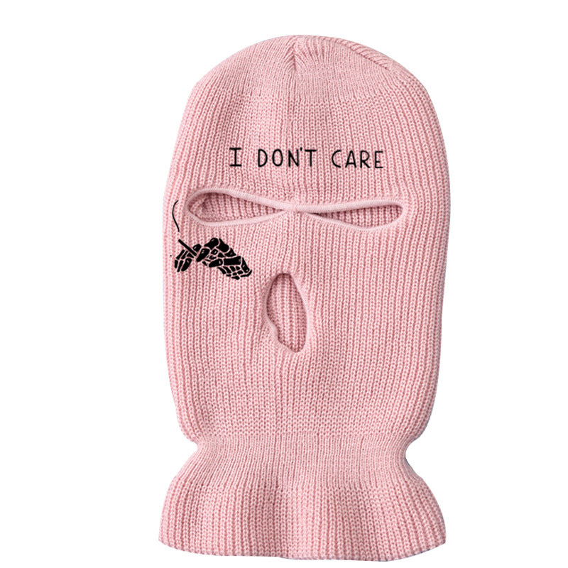 Embroidered knitted thermal beanie ski three-hole cap