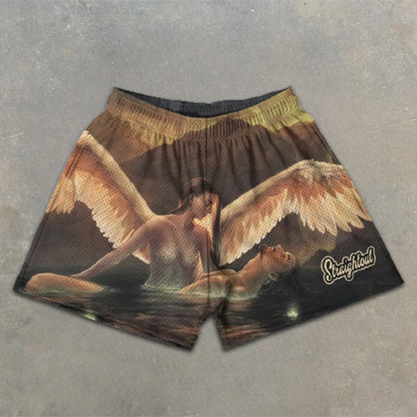 Angel all over graphic print elastic shorts