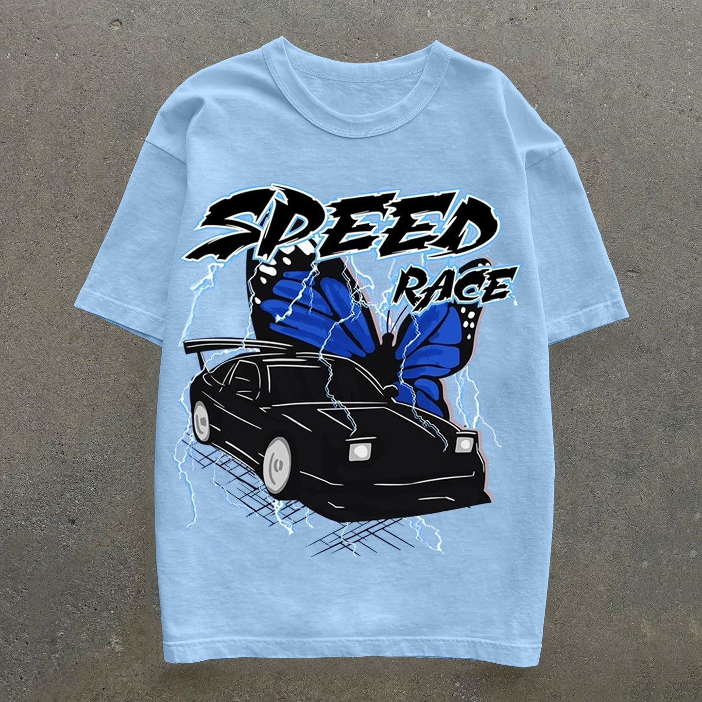 Butterfly & Car Print Short Sleeve T-Shirt