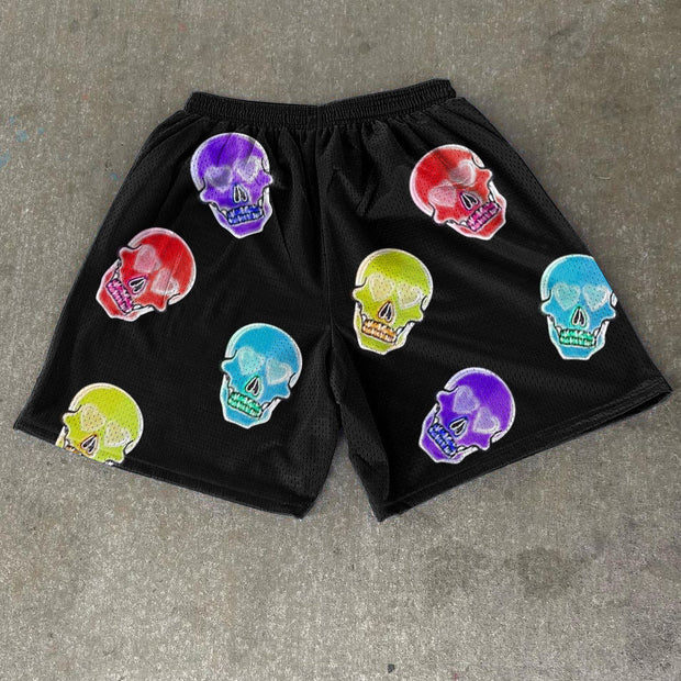 Multicolored Skull Print Mesh Street Shorts