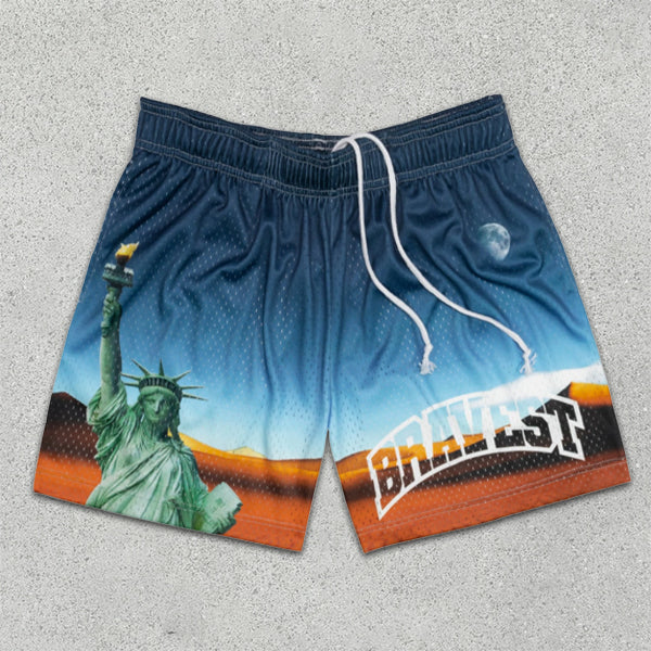 Statue of Liberty Graphic Print Elastic Shorts