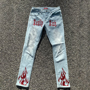 Street style personality flame print slim jeans