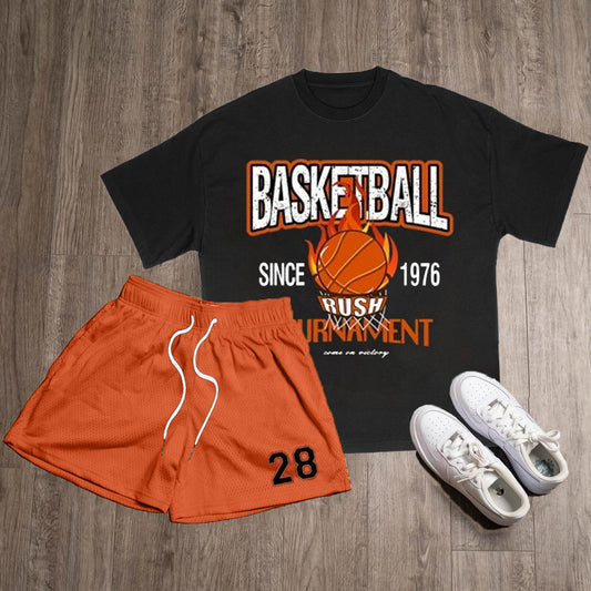 Casual Basketball Print T-Shirt Shorts Two-Piece Set