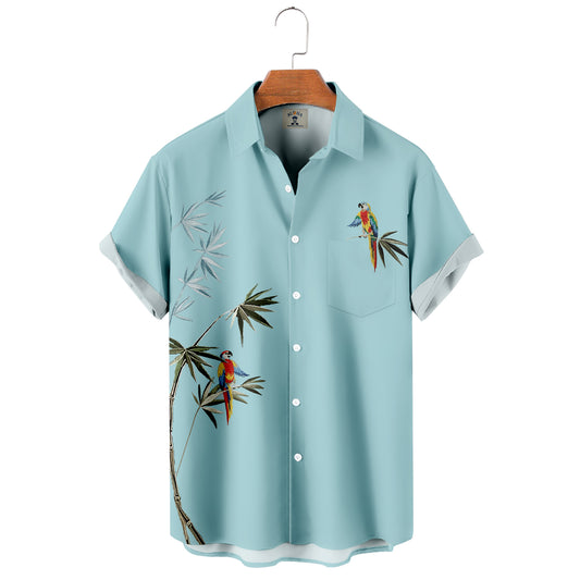 Casual Hawaiian Bamboo & Parrot Print Short Sleeve Shirt