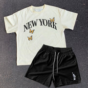 New York Butterfly Print Vintage Short Sleeve Shorts Set