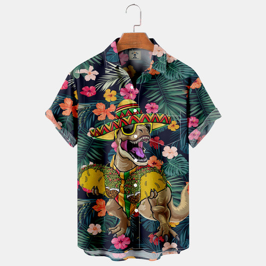 Hawaiian Casual Dinosaur Floral Print Short Sleeve Shirt