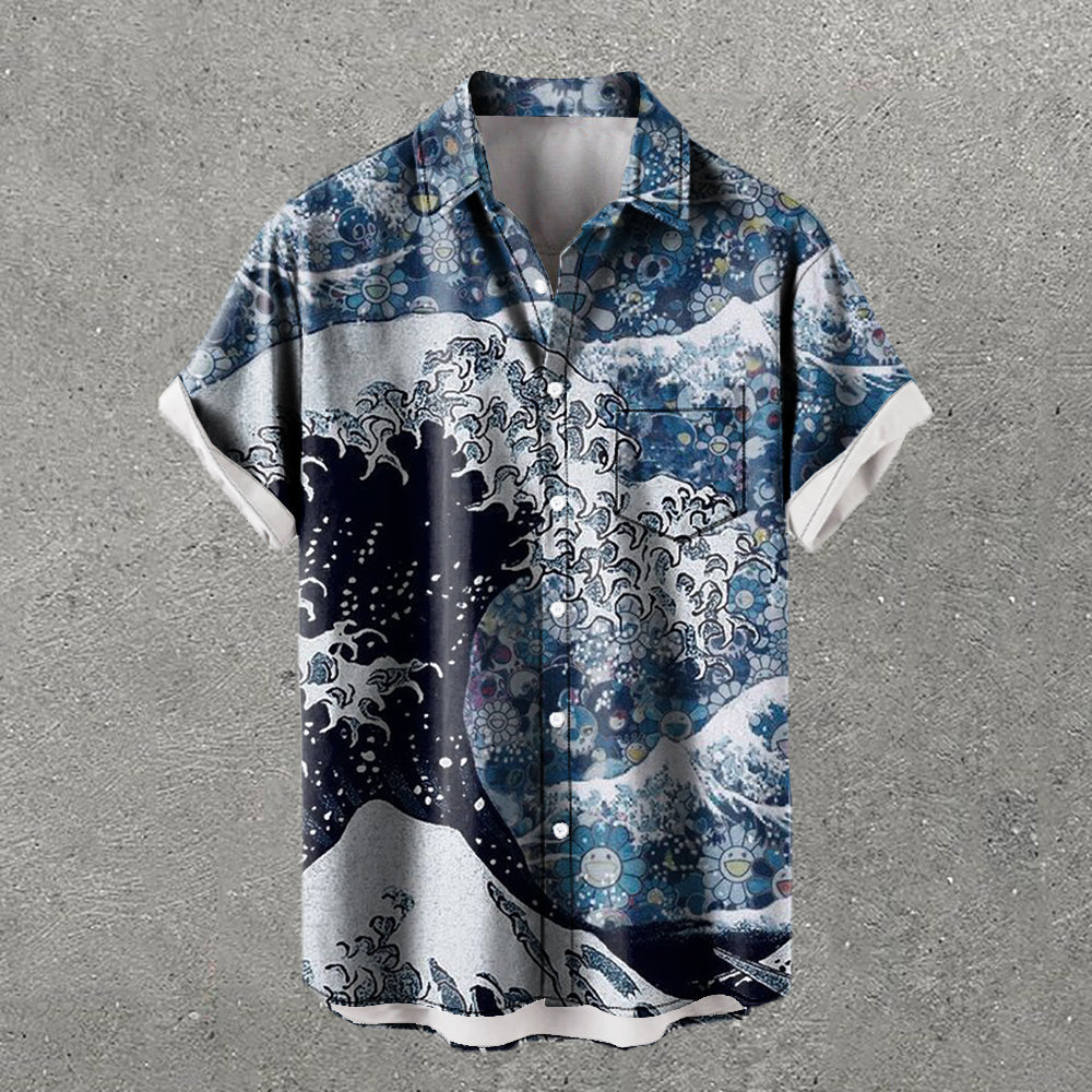 Wave & Sunflower Print Short Sleeve Shirt