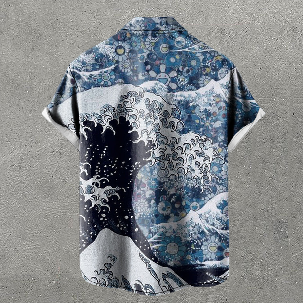 Wave & Sunflower Print Short Sleeve Shirt