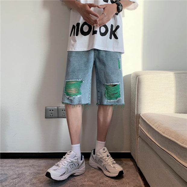 Straight-leg color-block ripped denim shorts
