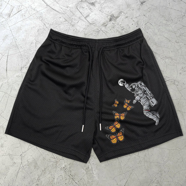 Astronaut Butterfly Vintage Print Mesh Shorts